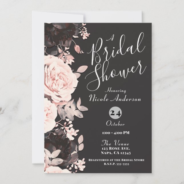 Dark Floral Blush Pink Charcoal Grey Bridal Shower Invitation (Front)