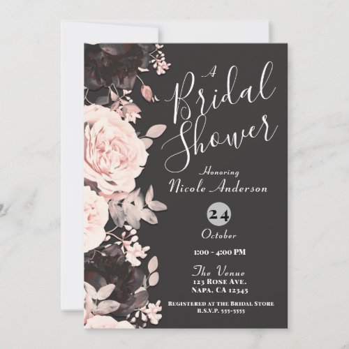 Dark Floral Blush Pink Charcoal Grey Bridal Shower Invitation