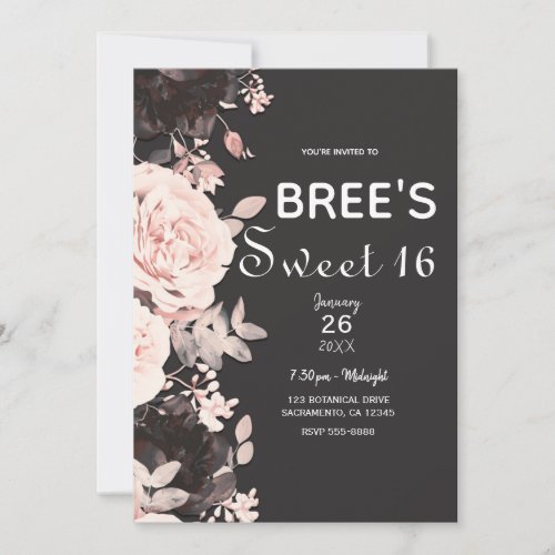 Dark Floral Blush Pink Charcoal Grey Sweet 16 Invitation