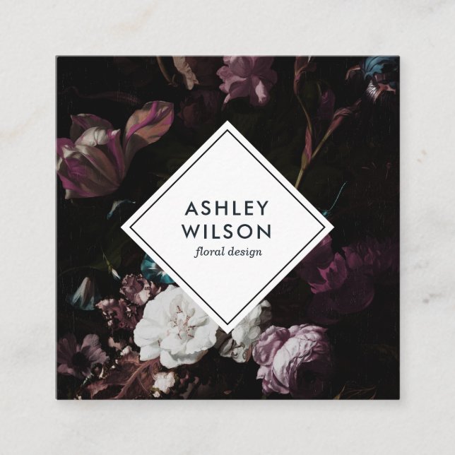 Dark Floral Bouquet Elegant Modern Square Business Card (Front)