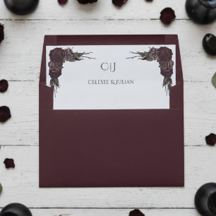 Dark Floral Burgundy Roses Initials Wedding Envelope Liner