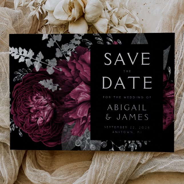 Dark Floral Burgundy Silver Wedding Save the Date Foil Invitation (Creator Uploaded)