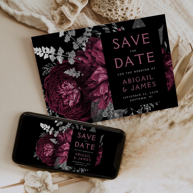 Dark Floral Burgundy Silver Wedding Save the Date Invitation (Creator Uploaded)