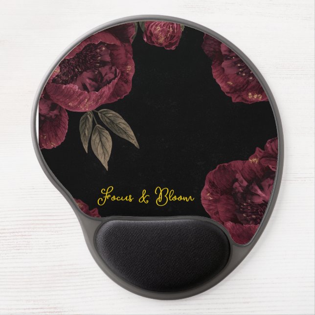 Dark Floral Elegant Peony Flower Gel Mousepad (Front)