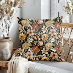 Dark Floral Fall Blooms Throw Pillow