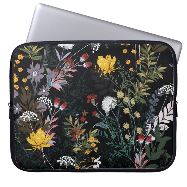Dark Floral Garden: Blooming Night Pattern Laptop Sleeve (Front)