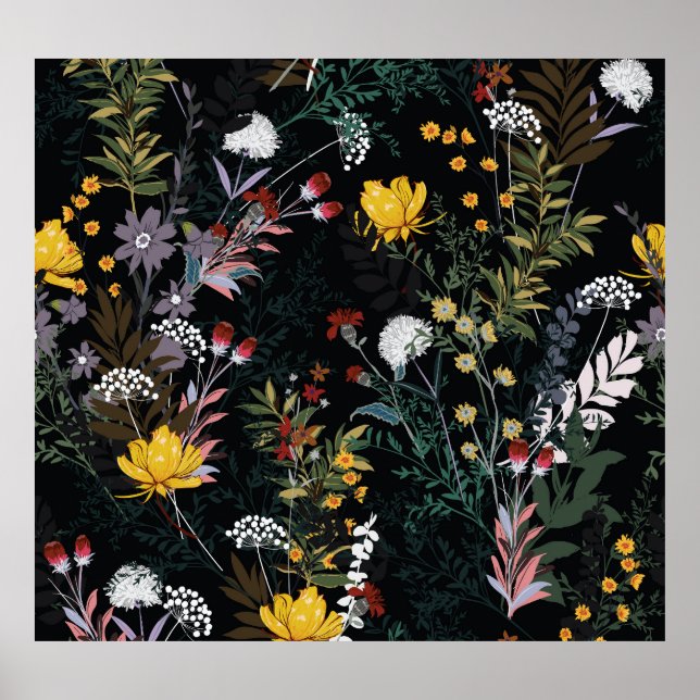 Dark Floral Garden: Blooming Night Pattern Poster (Front)
