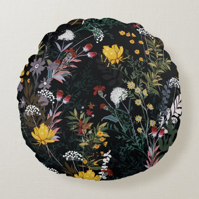 Dark Floral Garden: Blooming Night Pattern Round Pillow (Front)