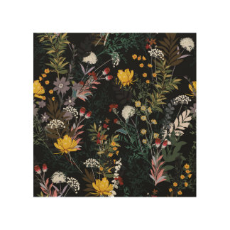 Dark Floral Garden: Blooming Night Pattern Wood Wall Art
