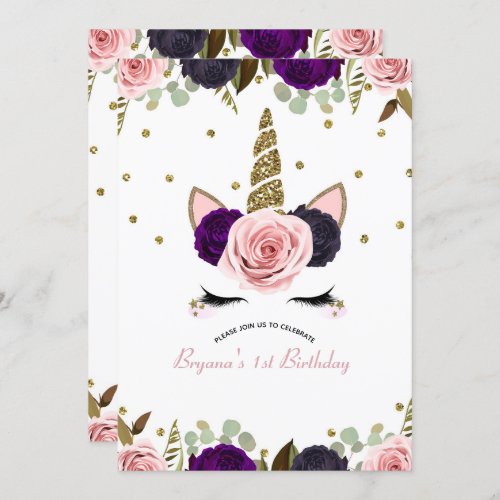 Dark Floral Glam Gold Glitter Unicorn Birthday Invitation