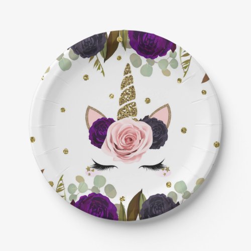 Dark Floral Glam Gold Glitter Unicorn Birthday Paper Plates