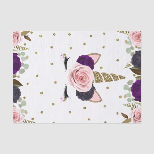 Dark Floral Glam Gold Glitter Unicorn Birthday Tissue Paper (Front)