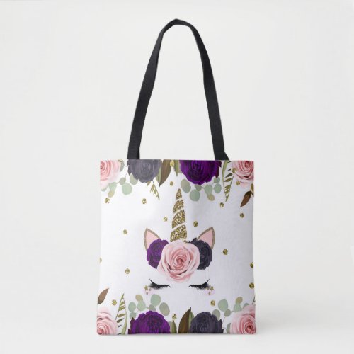 Dark Floral Glam Gold Glitter Unicorn Trendy Cute Tote Bag