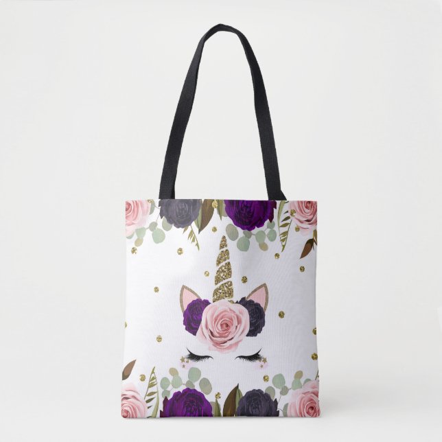 Dark Floral Glam Gold Glitter Unicorn Trendy Cute Tote Bag (Front)