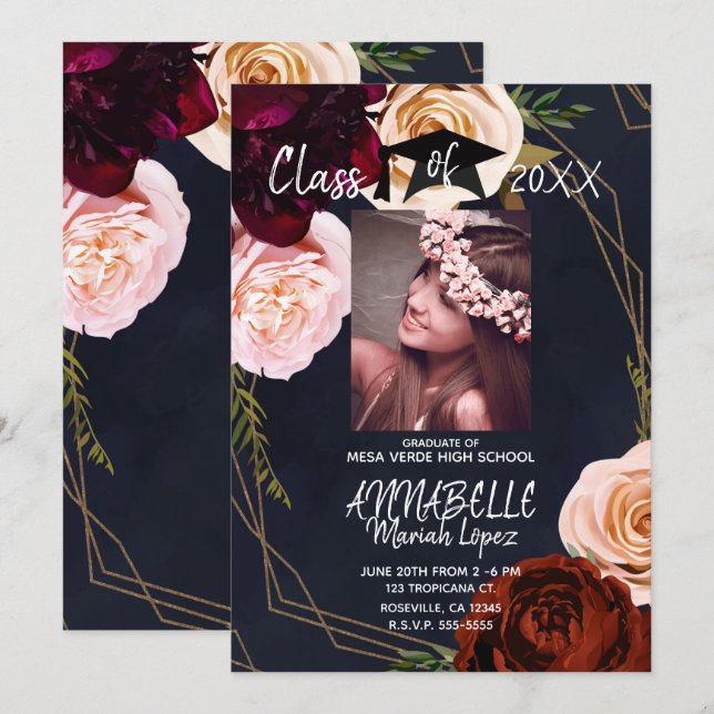 Dark Floral Gold Navy Blue Graduation Party Photo Invitation (Front/Back)