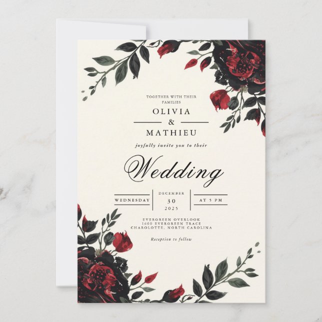 Dark Floral Gothic Romance Wedding Invitation (Front)