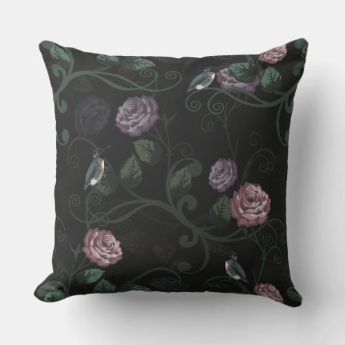 Dark Floral Hummingbird Garden Mauve Roses Black Outdoor Pillow