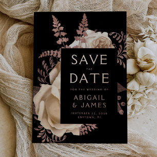 Dark Floral Ivory Rose Gold Wedding Save the Date Foil Invitation