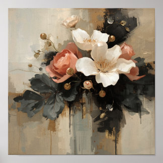 Dark Floral Magnolia & Rose Still Life Poster
