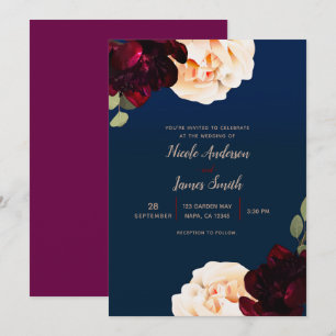 Dark Floral Marsala Cream & Navy Blue Wedding Invitation