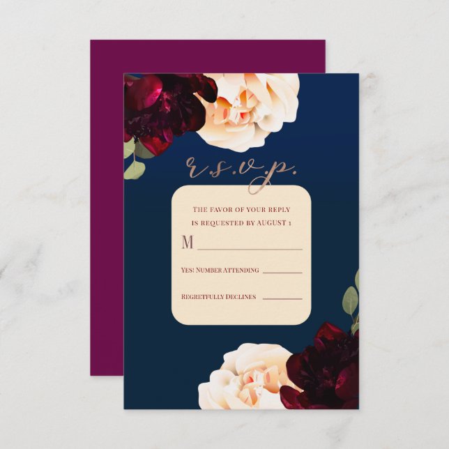 Dark Floral Marsala Cream & Navy Reply R.S.V.P. In Invitation (Front/Back)