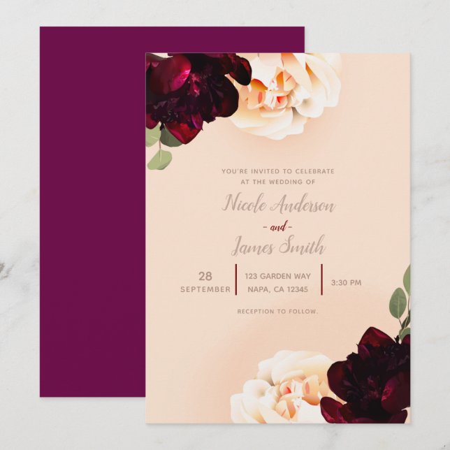 Dark Floral Marsala Peach Elegant Chic Wedding Invitation (Front/Back)