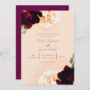 Dark Floral Marsala Peach Elegant Chic Wedding Invitation