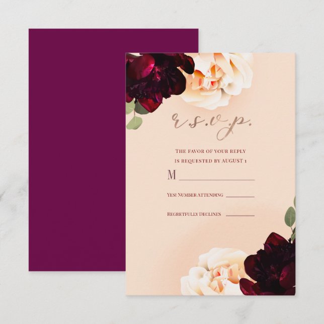 Dark Floral Marsala Peach Rose Gold Reply R.S.V.P. Invitation (Front/Back)