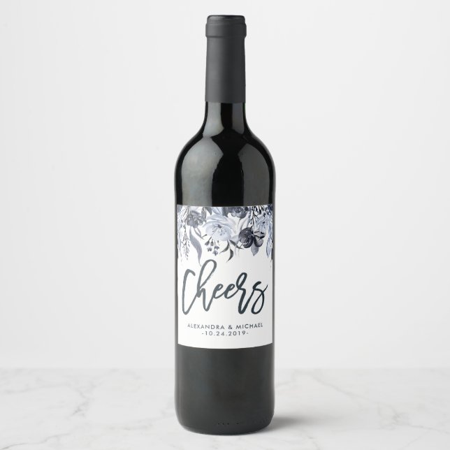 Dark Floral Modern Watercolor Wedding | Cheers Wine Label (Front)