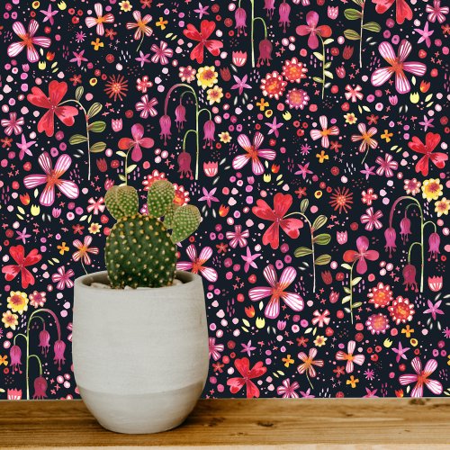 Dark Floral Modern Watercolor Wildflower Wallpaper