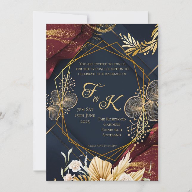 Dark Floral Monogram Evening Invitation | Navy Bur (Front)