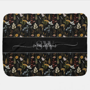 Dark Floral Monogram Name Baby Blanket
