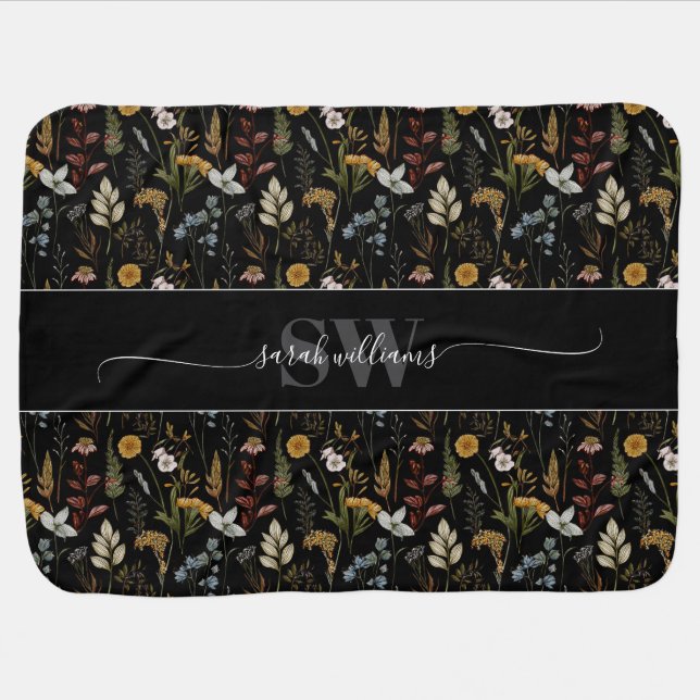 Dark Floral Monogram Name Baby Blanket (Horizontal)