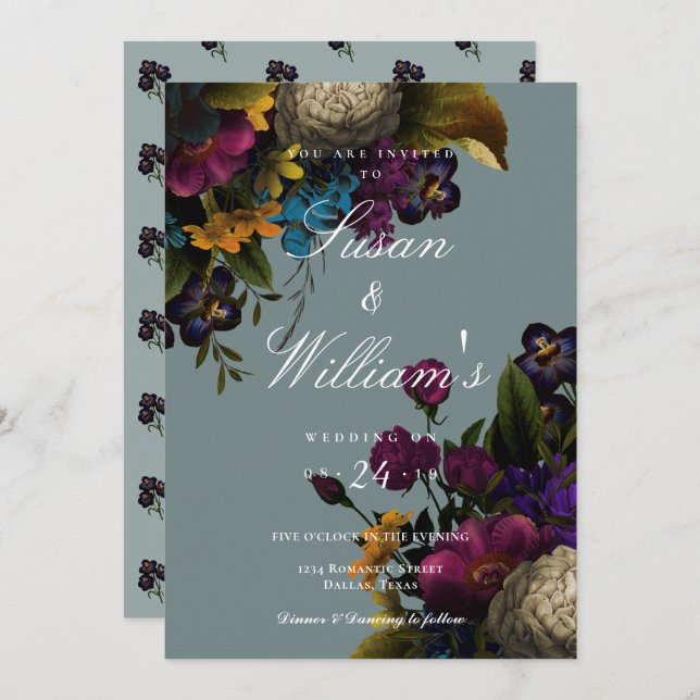 Dark Floral Moody Blue Teal Wedding Invitation (Front/Back)