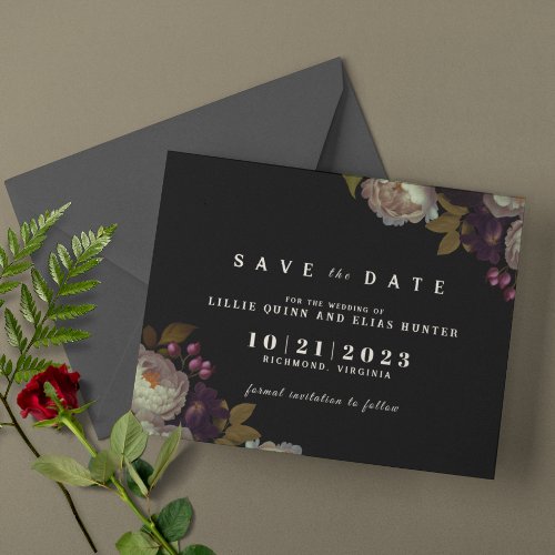 Dark Floral  Moody Classic Black and White Save The Date