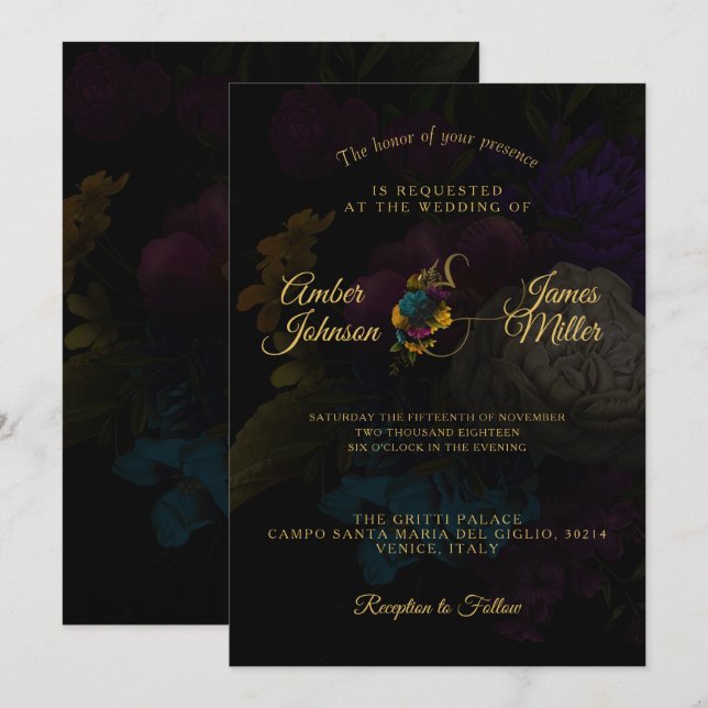 Dark Floral Moody Monogram Wedding Invitation (Front/Back)