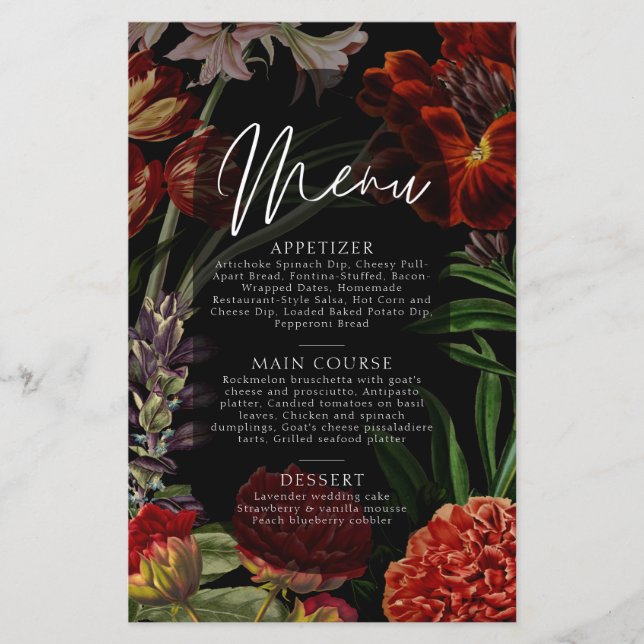 Dark Floral Moody Wedding Menu (Front)