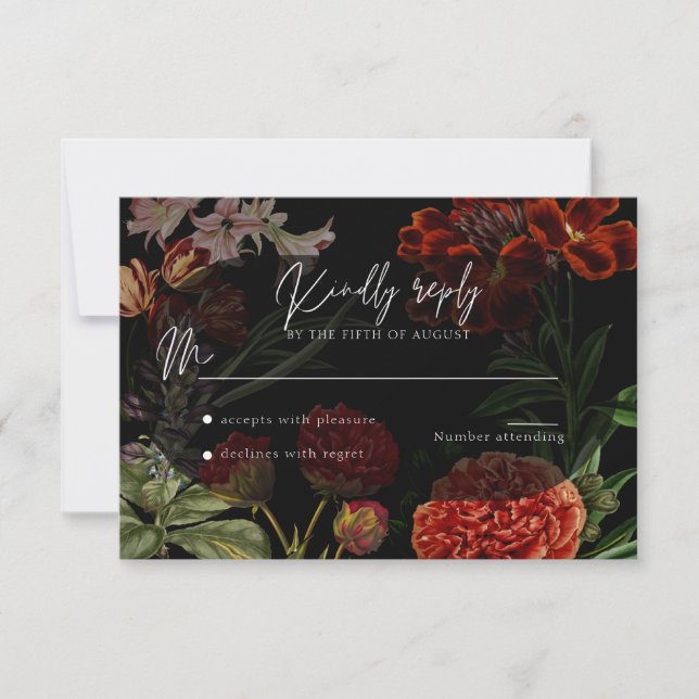 Dark Floral Moody Wedding RSVP Card (Front)