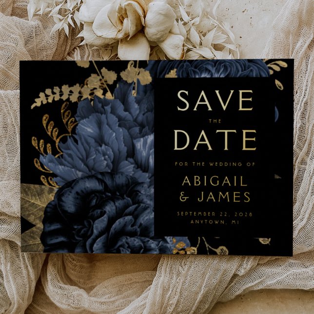 Dark Floral Navy Blue Gold Wedding Save the Date Foil Invitation (Creator Uploaded)