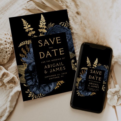 Dark Floral Navy Blue Gold Wedding Save the Date Invitation