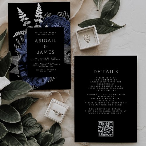 Dark Floral Navy Blue Silver QR Code Wedding Invitation