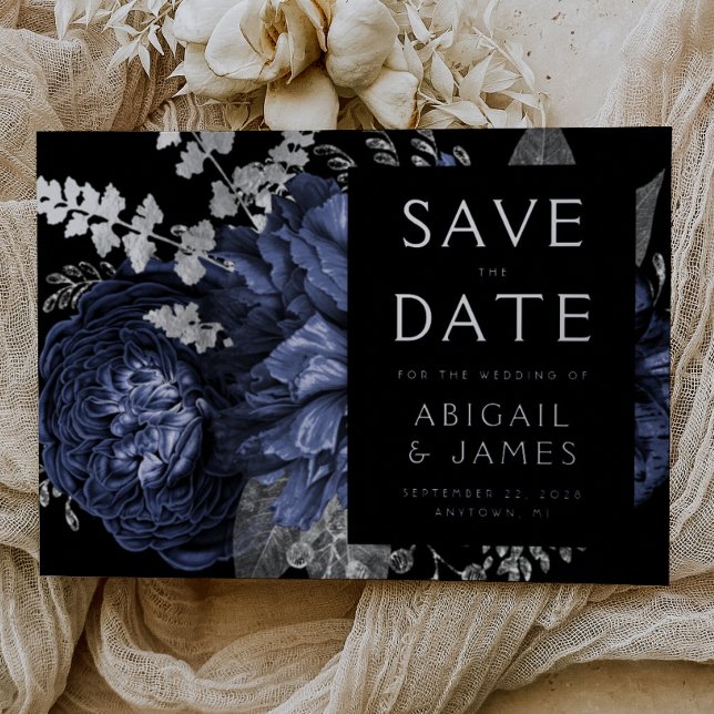 Dark Floral Navy Blue Silver Wedding Save the Date Foil Invitation (Creator Uploaded)