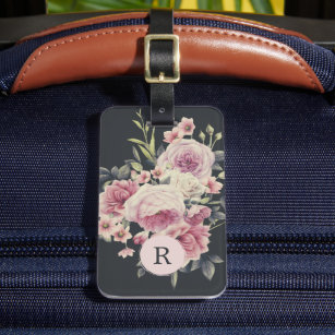 Dark Floral on Black   Monogram Luggage Tag