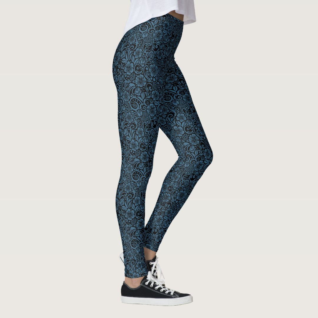 Dark Floral Pattern Blue and Black Leggings Zazzle
