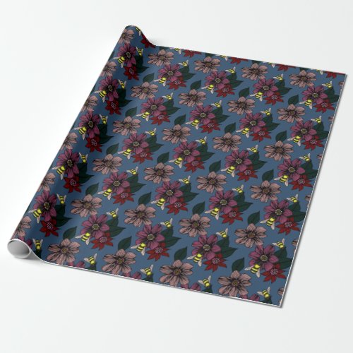 Dark Floral Pattern with Bees Wrapping Paper