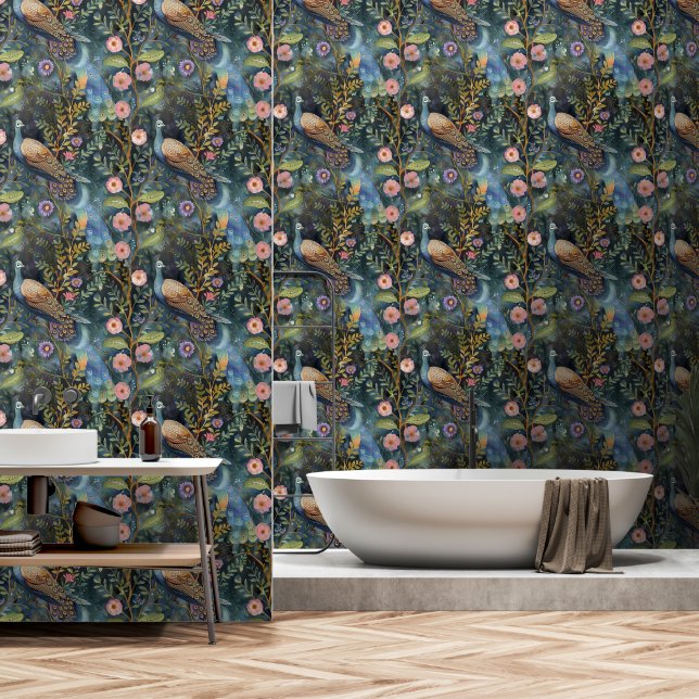 Dark Floral Peacock Botanical Removable Wallpaper (Bathroom)