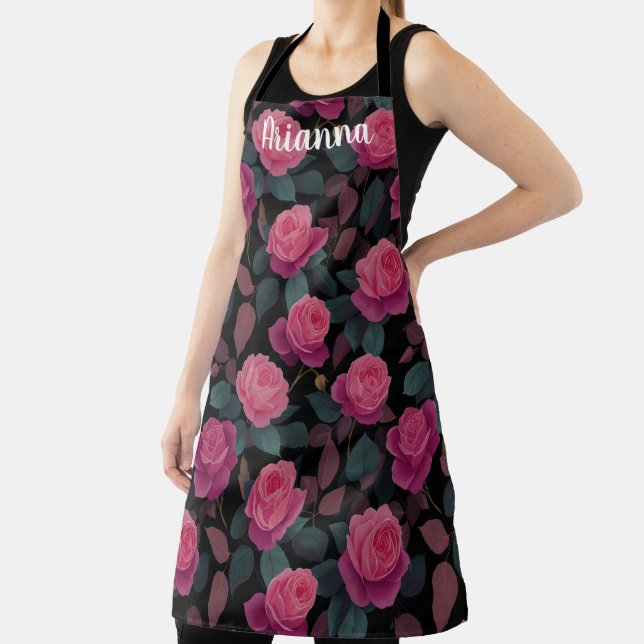 Dark Floral Pink Rose Pattern Custom Apron (Insitu)