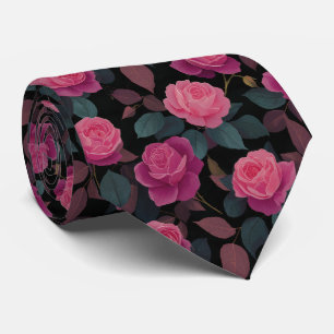 Dark Floral Pink Rose Pattern Neck Tie