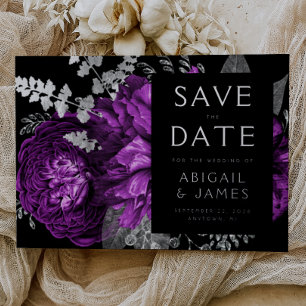 Dark Floral Plum Silver Wedding Save the Date Foil Invitation