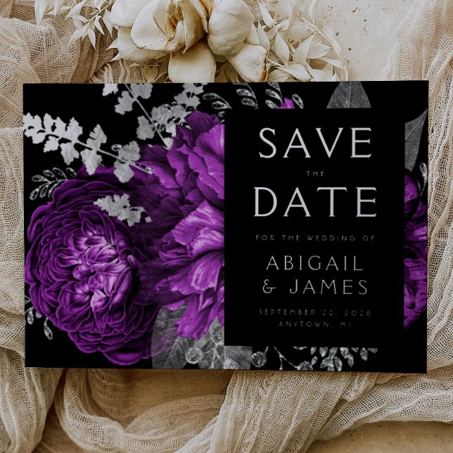 Dark Floral Plum Silver Wedding Save the Date Foil Invitation (Creator Uploaded)